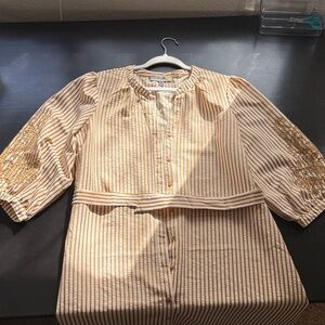 Striped Beige Dress with Embroidered Sleeves